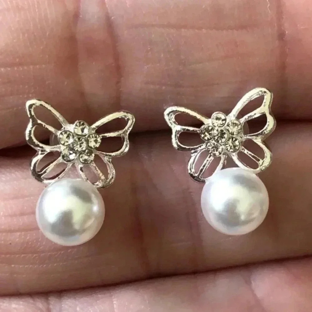 Butterfly Shaped 925 Ster Silver Crystal Stud Faux Pearl Earrings NWT